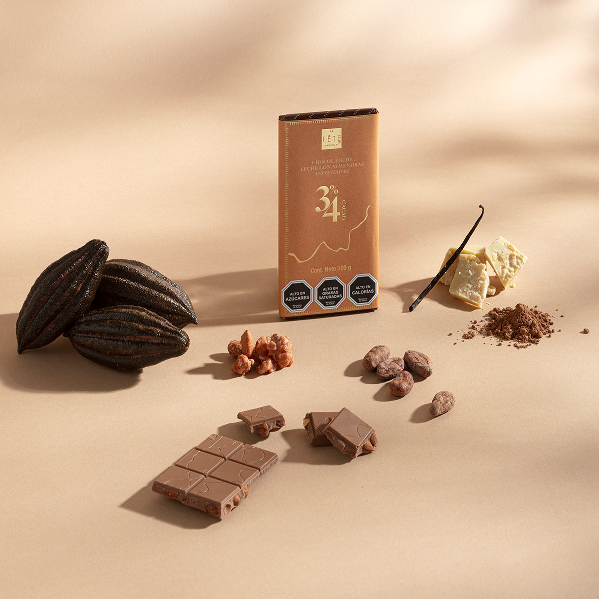 Barra chocolate leche almendras 34% cacao 100 g